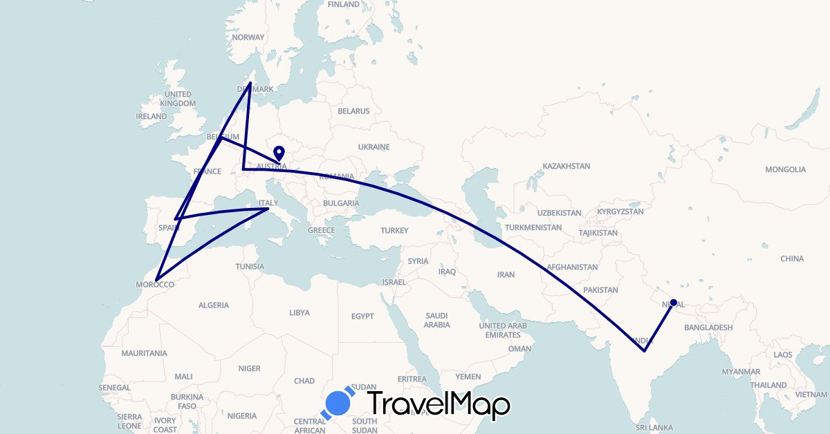 TravelMap itinerary: driving in Austria, Belgium, Switzerland, Denmark, Spain, India, Italy, Morocco, Nepal (Africa, Asia, Europe)